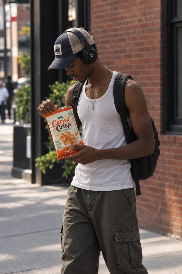 Man walking a city sidewalk eating Carrot Crisp, wearing headphones and a backpack