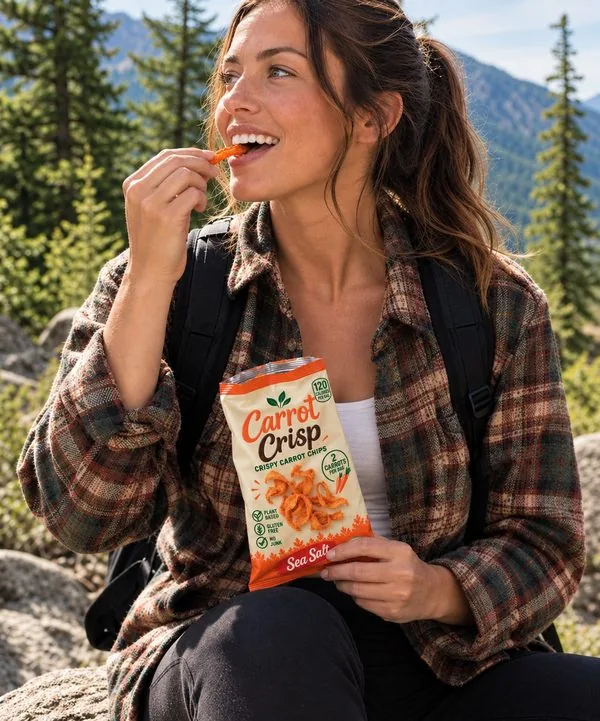 Woman hiking in the mountains eating Carrot Crisp