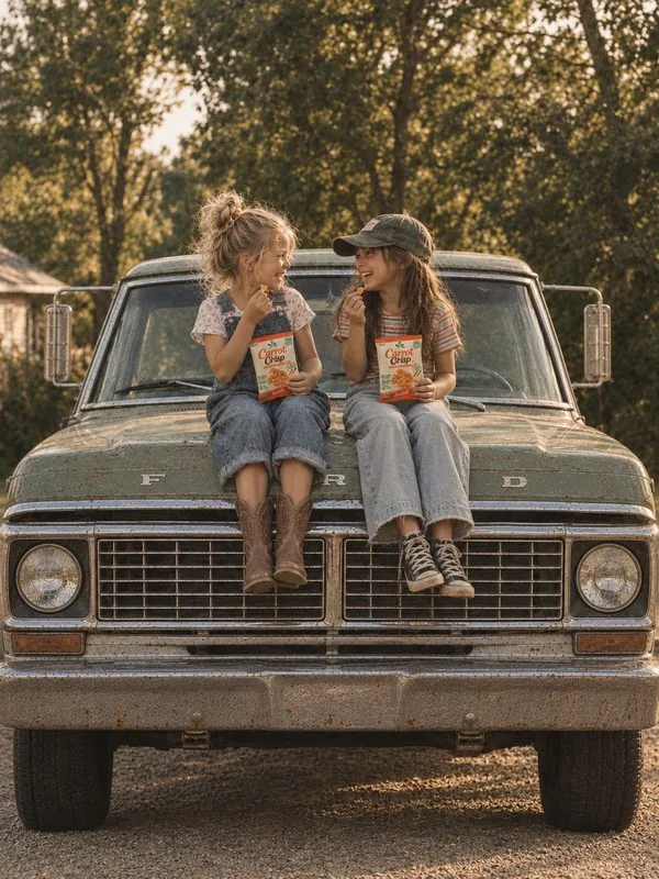 Two girls sitting on the hood of a vintage truck eating Carrot Crisp